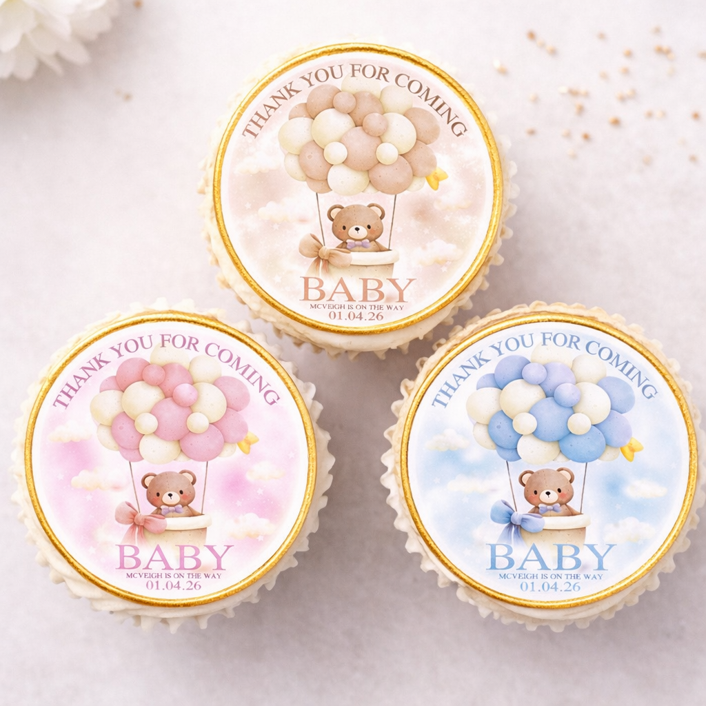 Baby Shower Cupcake Toppers – Teddy Bear Balloon Theme – Pink Blue Neutral – Personalised Cupcake Toppers (12 Pack)