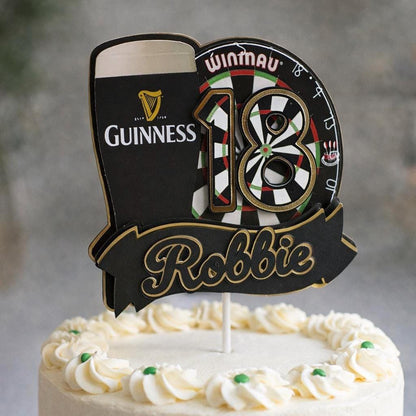 Darts & Irish Stout Cake Topper – Pub Theme Birthday Cake Decoration – Personalised Name & Age