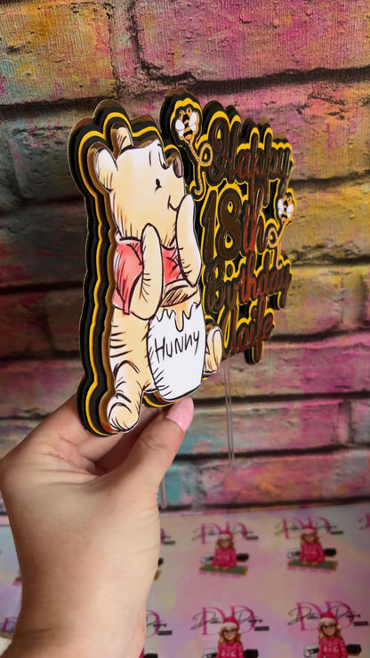 Bear & Honey Cake Topper – Storybook Bear Birthday Cake Decoration – Personalised Name & Age