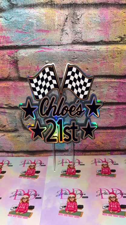 Personalised Racing Cake Topper – Race Car Birthday Cake Decoration – Name Age & Checkered Flags