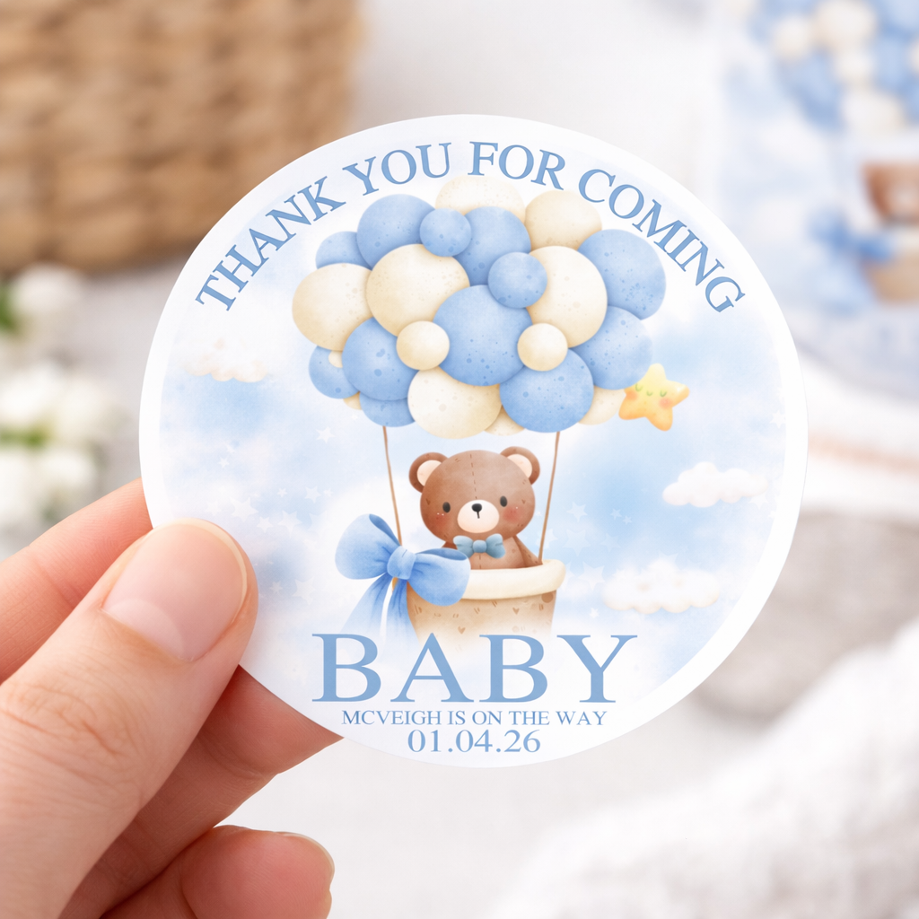 Baby Shower Thank You Stickers – Personalised Baby Balloon Design – 2 Inch Round Sticker Sheets (12 Per Sheet)