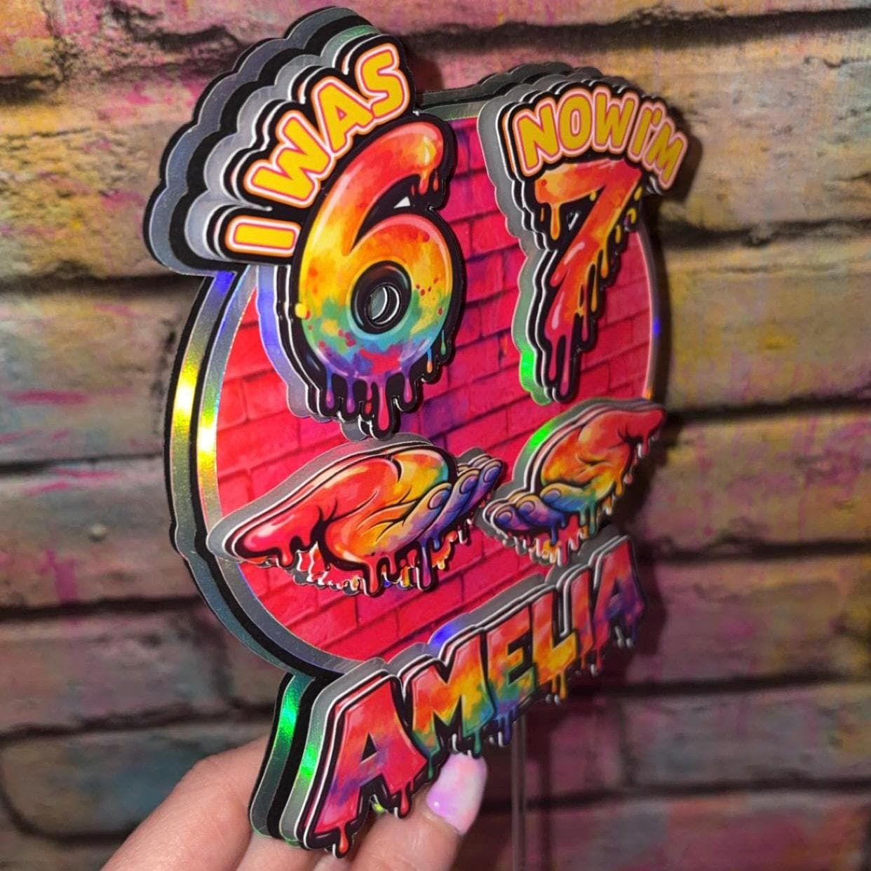 I Was 6 Now I’m 7 Cake Topper – Personalised Graffiti 7th Birthday Decoration