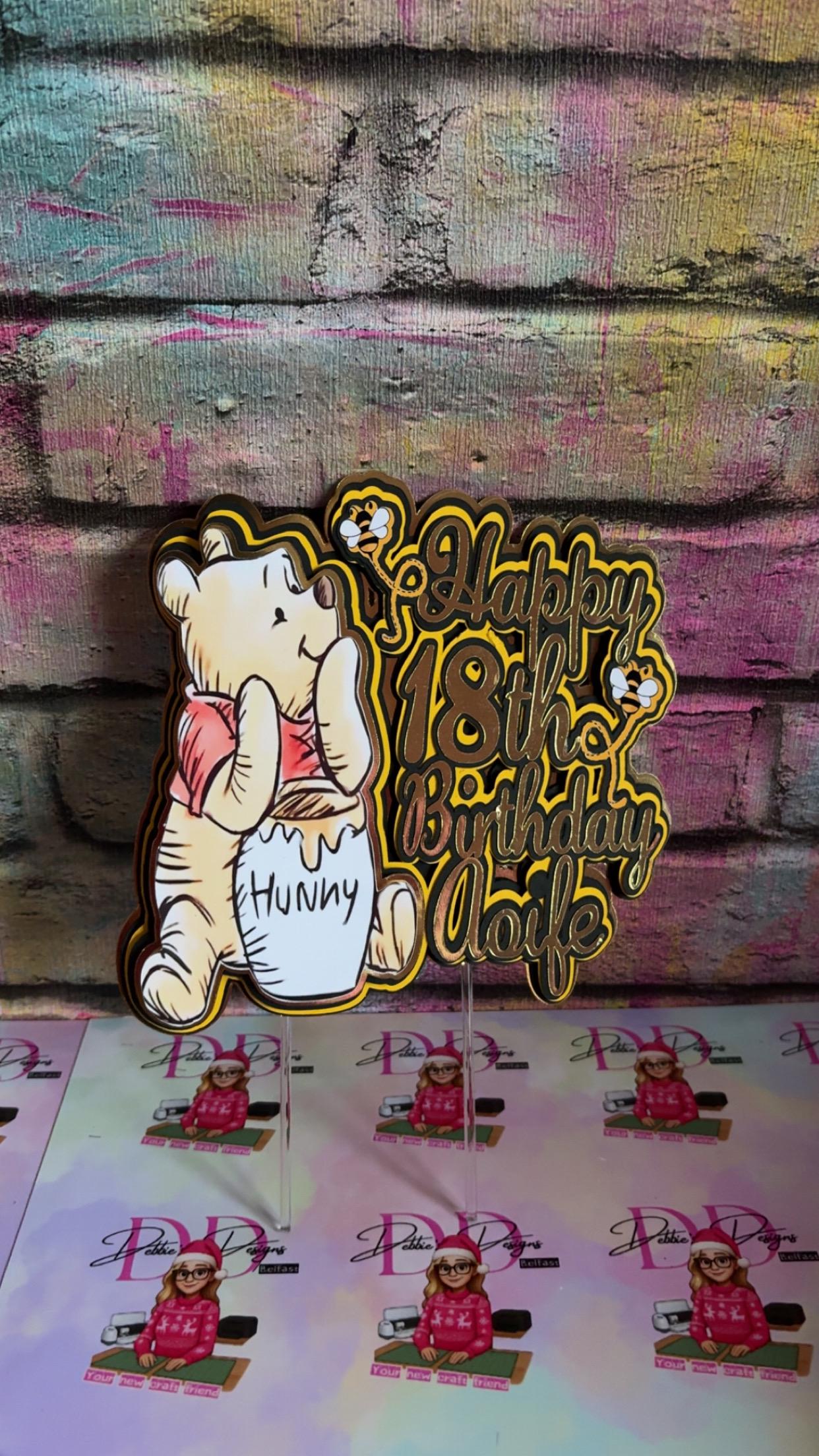 Bear & Honey Cake Topper – Storybook Bear Birthday Cake Decoration – Personalised Name & Age