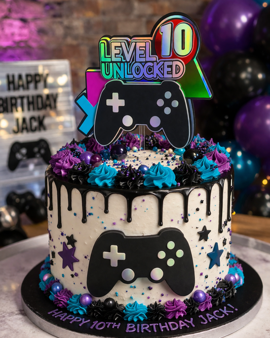 Level 10 Unlocked Cake Topper – Gaming Birthday Cake Topper – Game Controller Cake Decoration – Boys Gamer Birthday Party