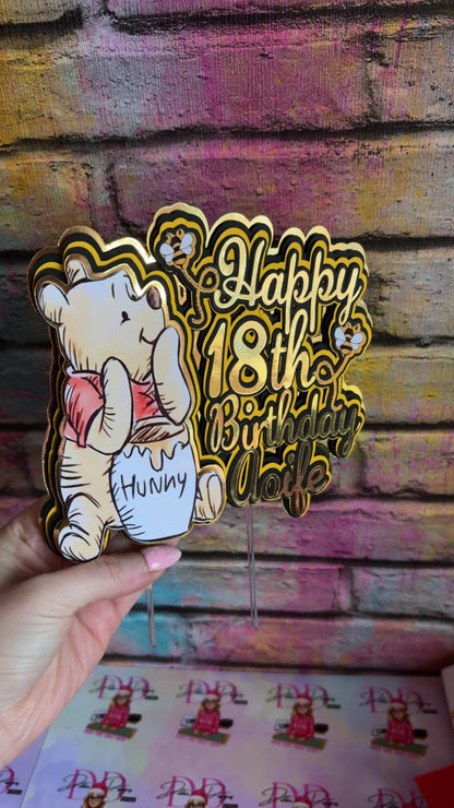 Bear & Honey Cake Topper – Storybook Bear Birthday Cake Decoration – Personalised Name & Age