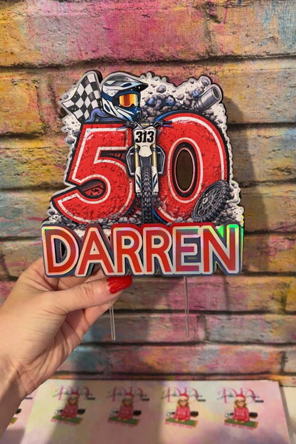 Personalised Motocross Cake Topper – Dirt Bike Birthday Cake Decoration – Any Name & Age