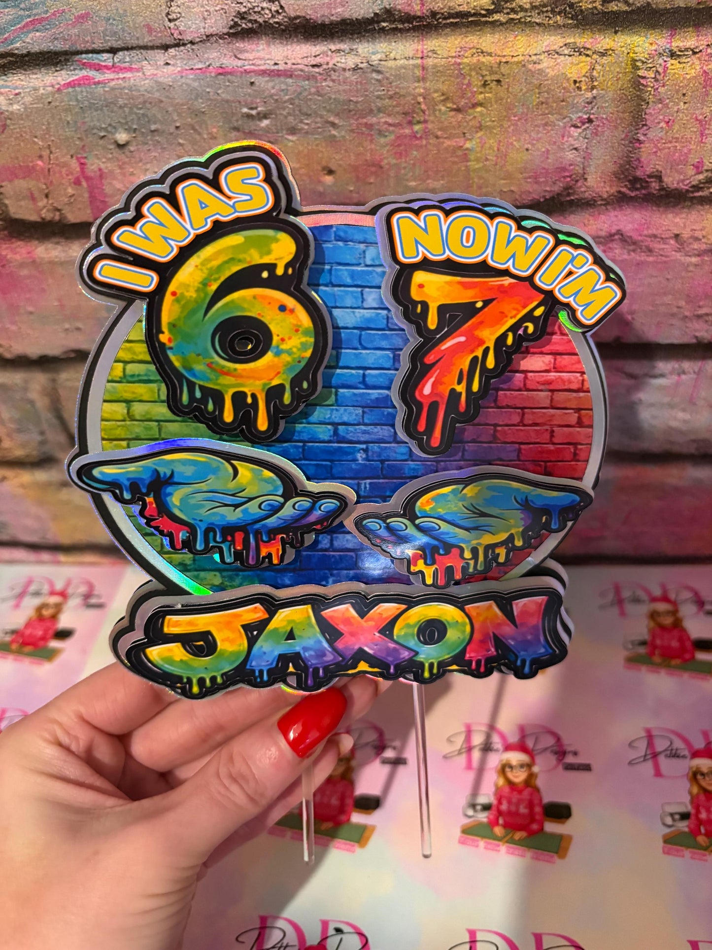 I Was 6 Now I’m 7 Cake Topper – Personalised Graffiti 7th Birthday Decoration