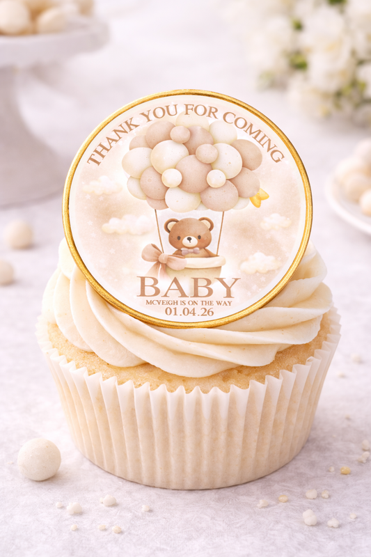 Baby Shower Cupcake Toppers – Teddy Bear Balloon Theme – Pink Blue Neutral – Personalised Cupcake Toppers (12 Pack)