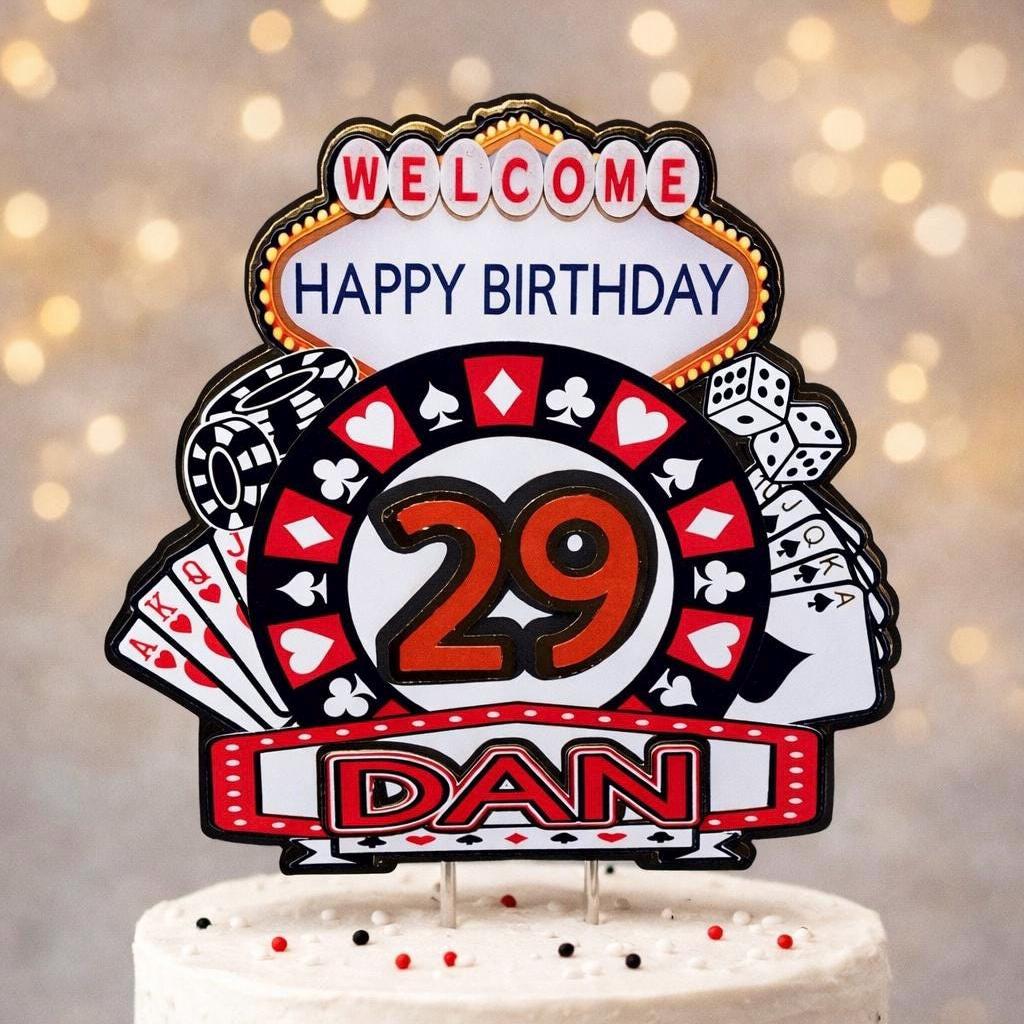Vegas Casino Cake Topper – Personalised Las Vegas Birthday Cake Decoration – Poker Cards Dice Slot Machine Theme