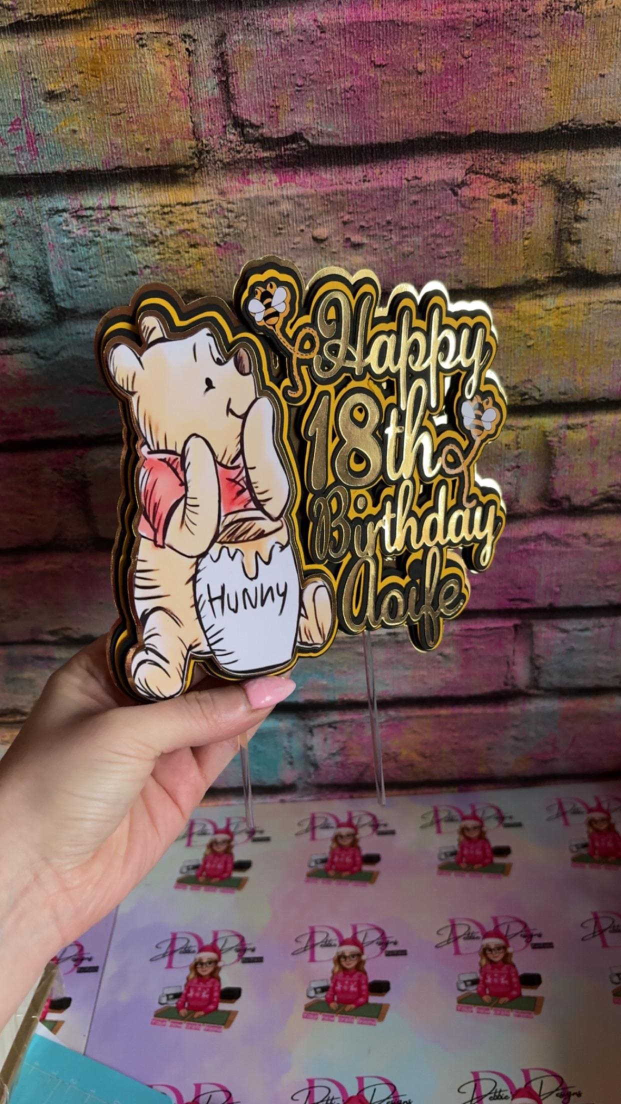 Bear & Honey Cake Topper – Storybook Bear Birthday Cake Decoration – Personalised Name & Age
