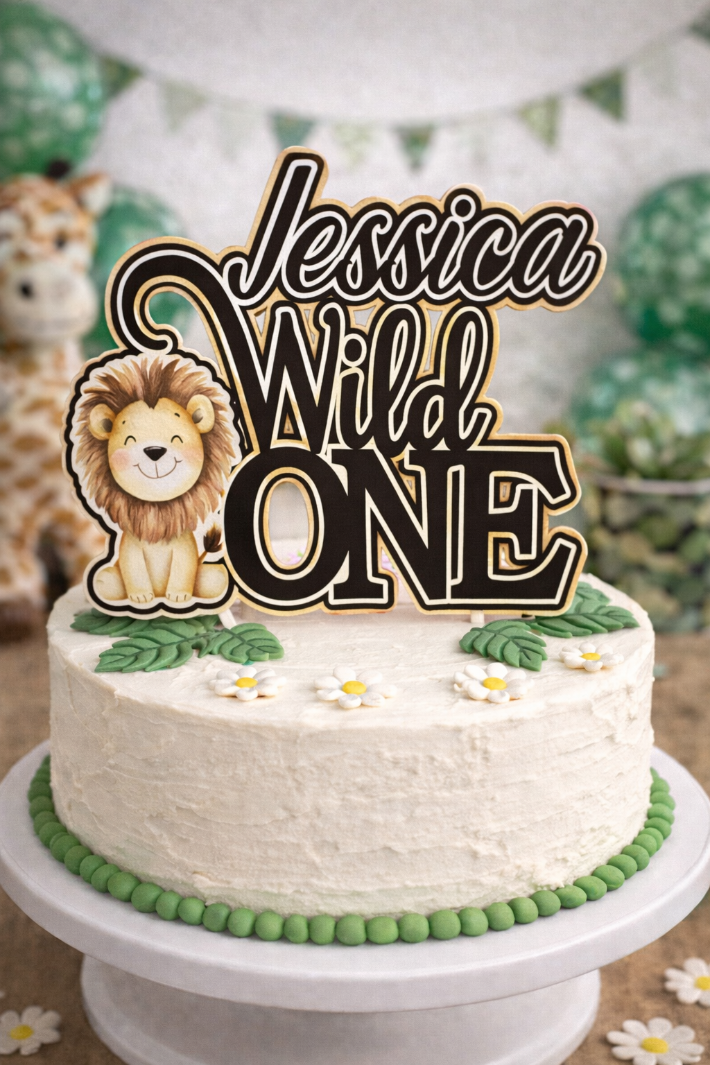 Wild One Cake Topper with Lion – Personalised First Birthday Cake Topper – 3D Layered Safari Cake Decoration