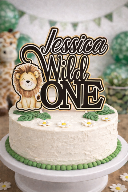Wild One Cake Topper with Lion – Personalised First Birthday Cake Topper – 3D Layered Safari Cake Decoration