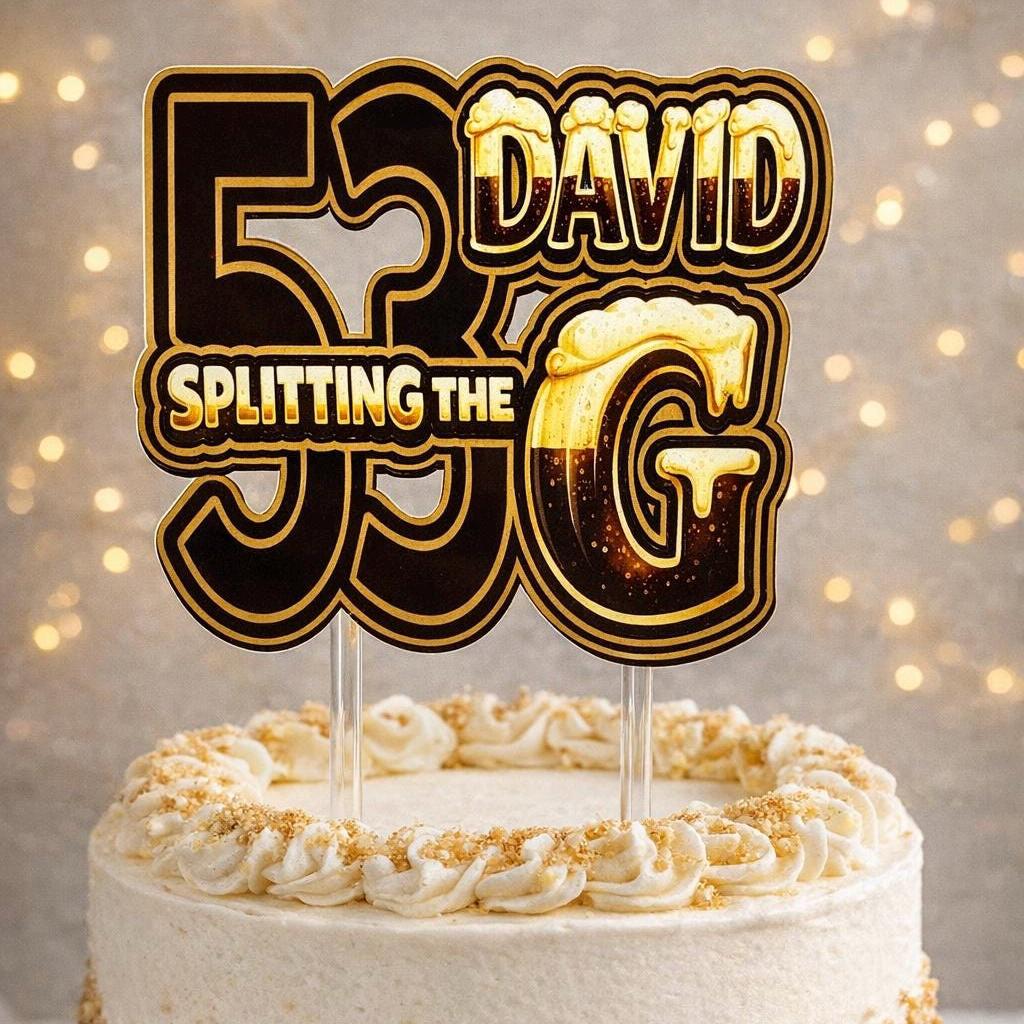 Splitting the G Cake Topper – Pub Theme Birthday Cake Decoration – Personalised Name & Age