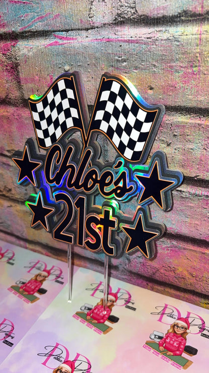 Personalised Racing Cake Topper – Race Car Birthday Cake Decoration – Name Age & Checkered Flags
