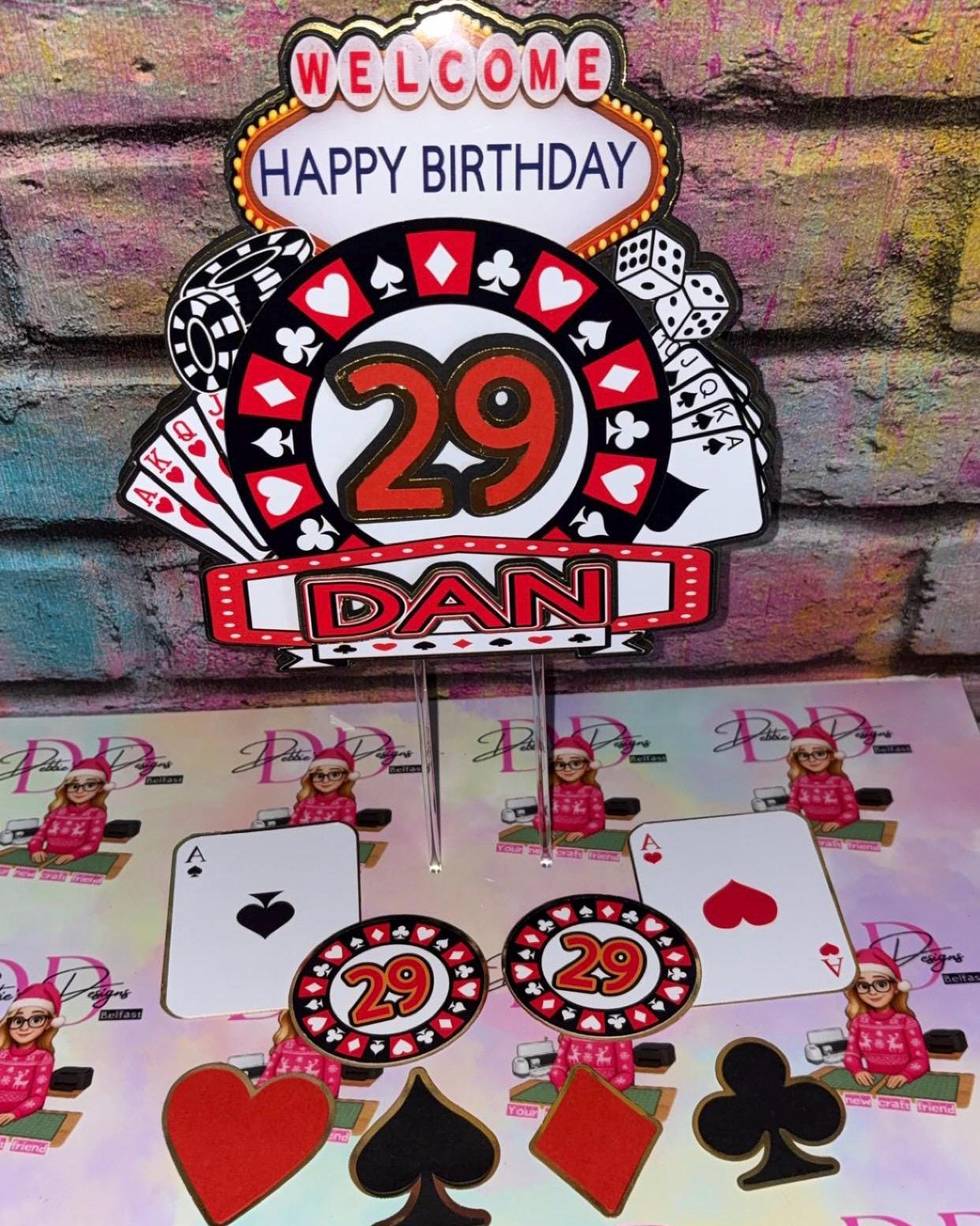 Vegas Casino Cake Topper – Personalised Las Vegas Birthday Cake Decoration – Poker Cards Dice Slot Machine Theme