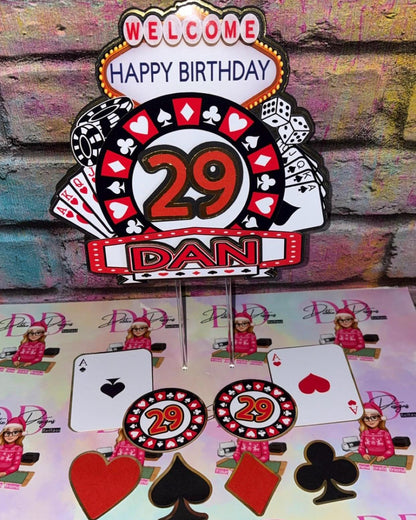 Vegas Casino Cake Topper – Personalised Las Vegas Birthday Cake Decoration – Poker Cards Dice Slot Machine Theme