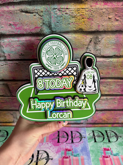 Personalised Football Cake Topper – Football Pitch Birthday Cake Decoration – Any Name & Age