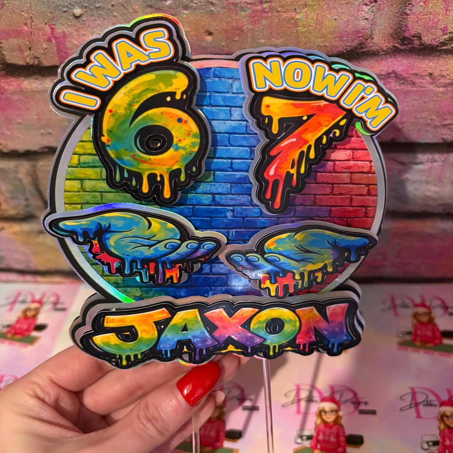 I Was 6 Now I’m 7 Cake Topper – Personalised Graffiti 7th Birthday Decoration
