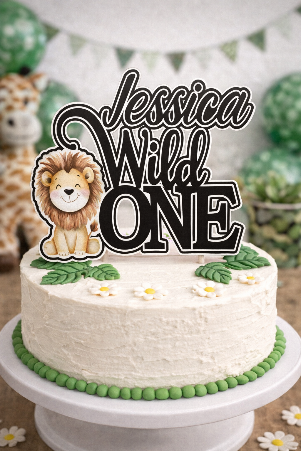 Wild One Cake Topper with Lion – Personalised First Birthday Cake Topper – 3D Layered Safari Cake Decoration
