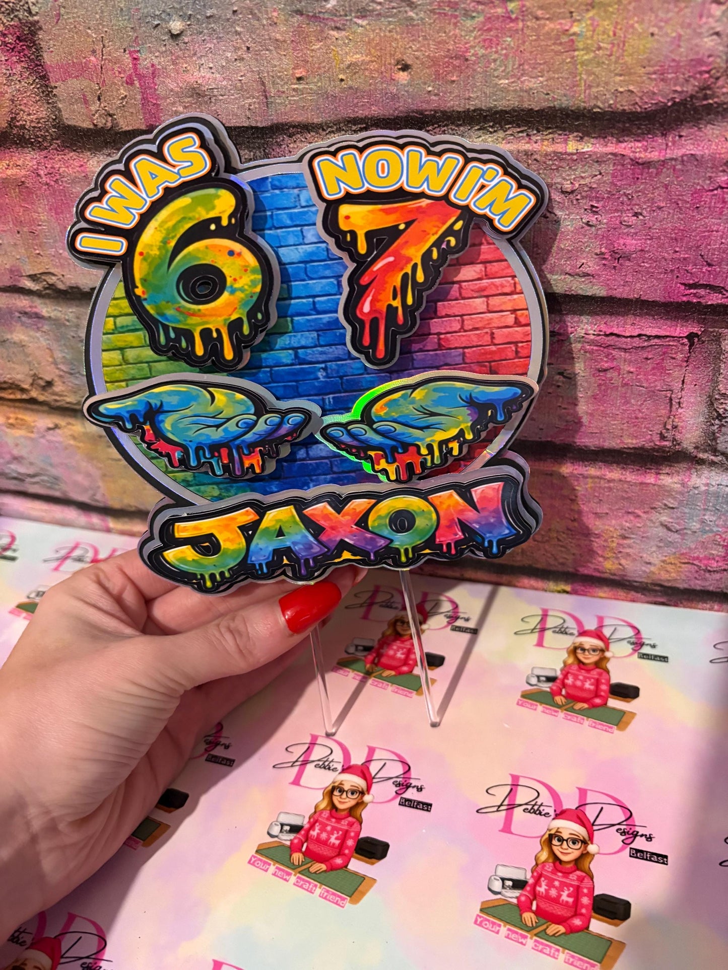I Was 6 Now I’m 7 Cake Topper – Personalised Graffiti 7th Birthday Decoration