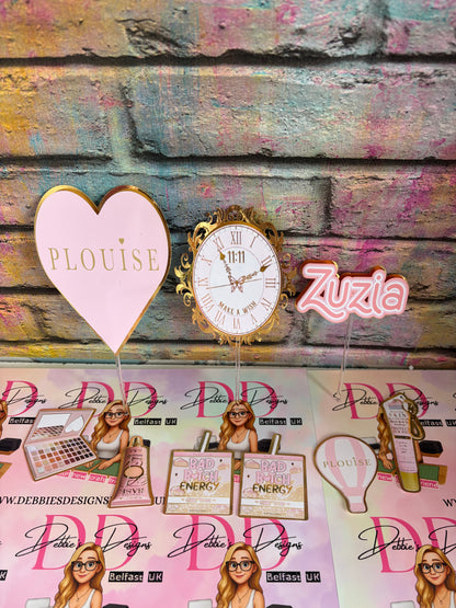 Personalised Makeup Cake Toppers – Pink Beauty Theme Cake Decorations – Custom Name Birthday Cake Topper Set – Glam Girl Cake Decor