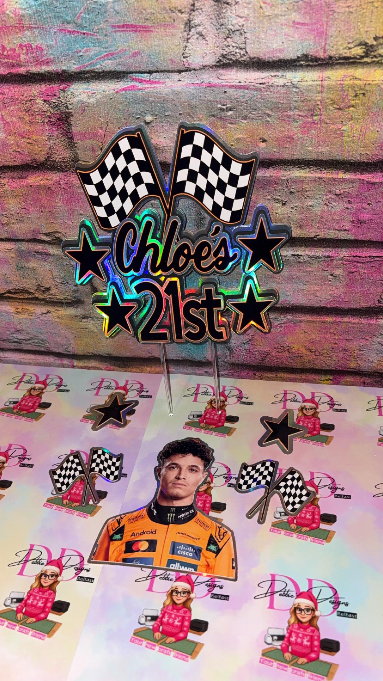 Personalised Racing Cake Topper – Race Car Birthday Cake Decoration – Name Age & Checkered Flags