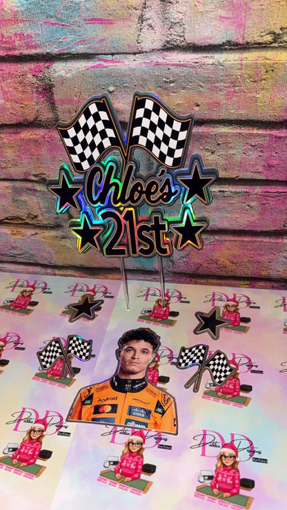 Personalised Racing Cake Topper – Race Car Birthday Cake Decoration – Name Age & Checkered Flags