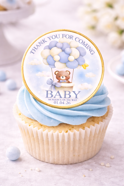 Baby Shower Cupcake Toppers – Teddy Bear Balloon Theme – Pink Blue Neutral – Personalised Cupcake Toppers (12 Pack)