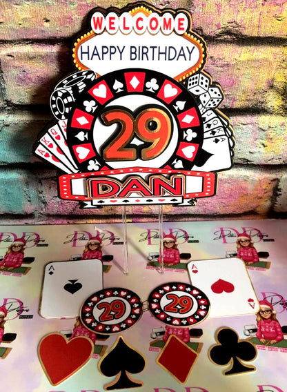 Vegas Casino Cake Topper – Personalised Las Vegas Birthday Cake Decoration – Poker Cards Dice Slot Machine Theme