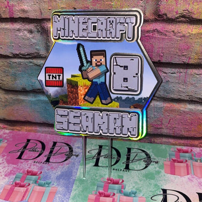 Pixel Game Cake Topper – Block Game Birthday Cake Decoration – Personalised Name & Age