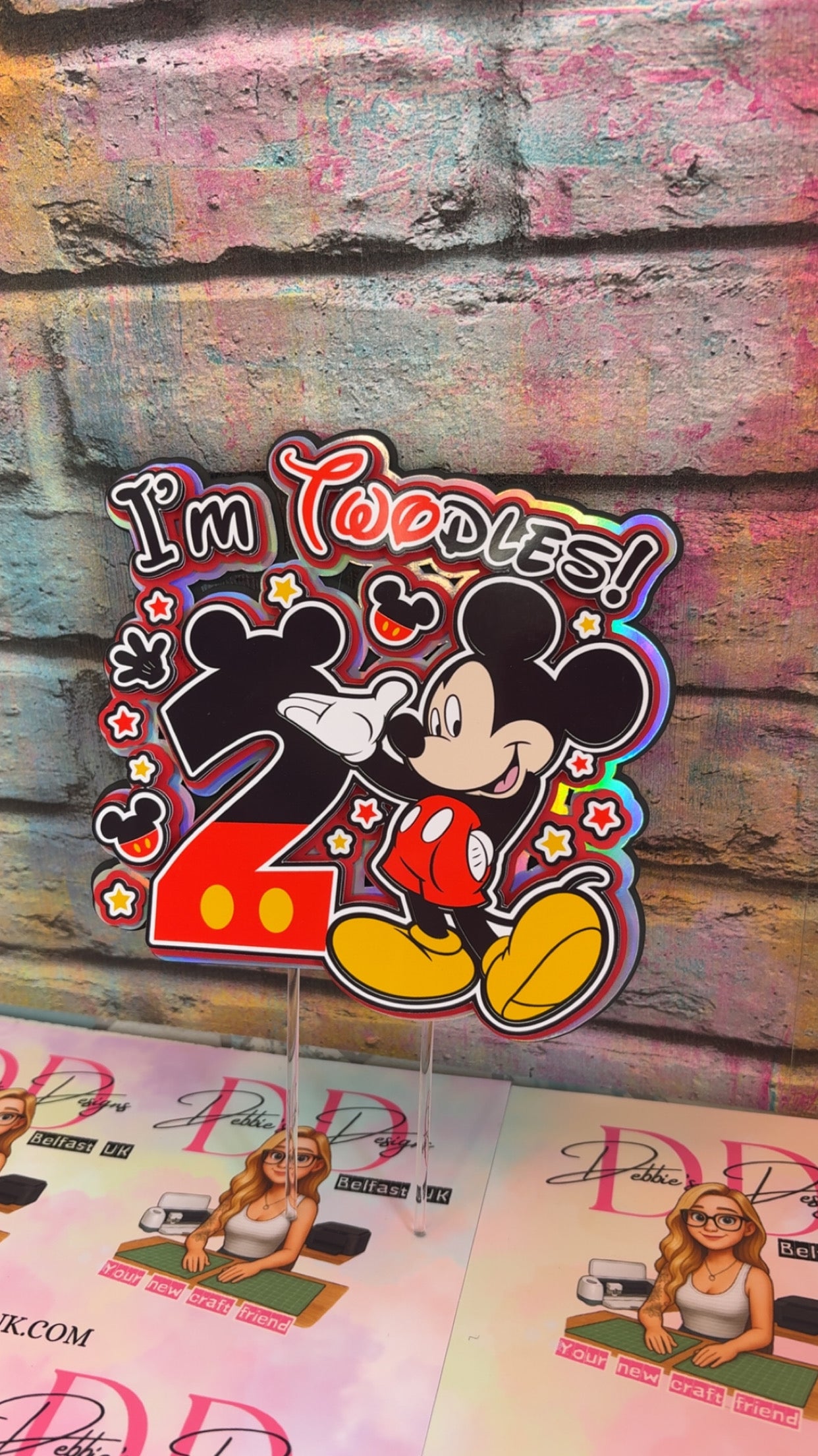 Mouse Inspired 2nd Birthday Cake Topper – Custom Name & Age – Red Black Theme Party Decoration – Two Toddlers Cake Topper
