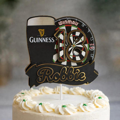 Darts & Irish Stout Cake Topper – Pub Theme Birthday Cake Decoration – Personalised Name & Age