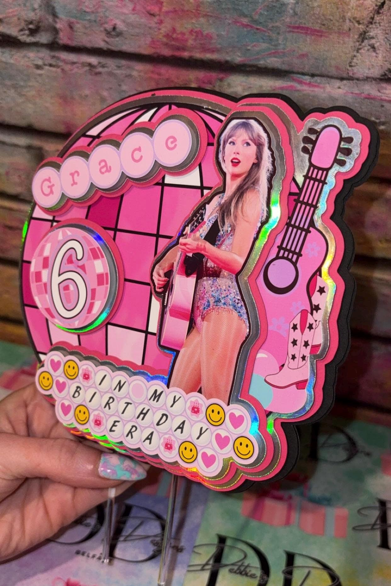 Pink Pop Star Cake Topper – Pop Concert Birthday Cake Decoration – Personalised Name & Age