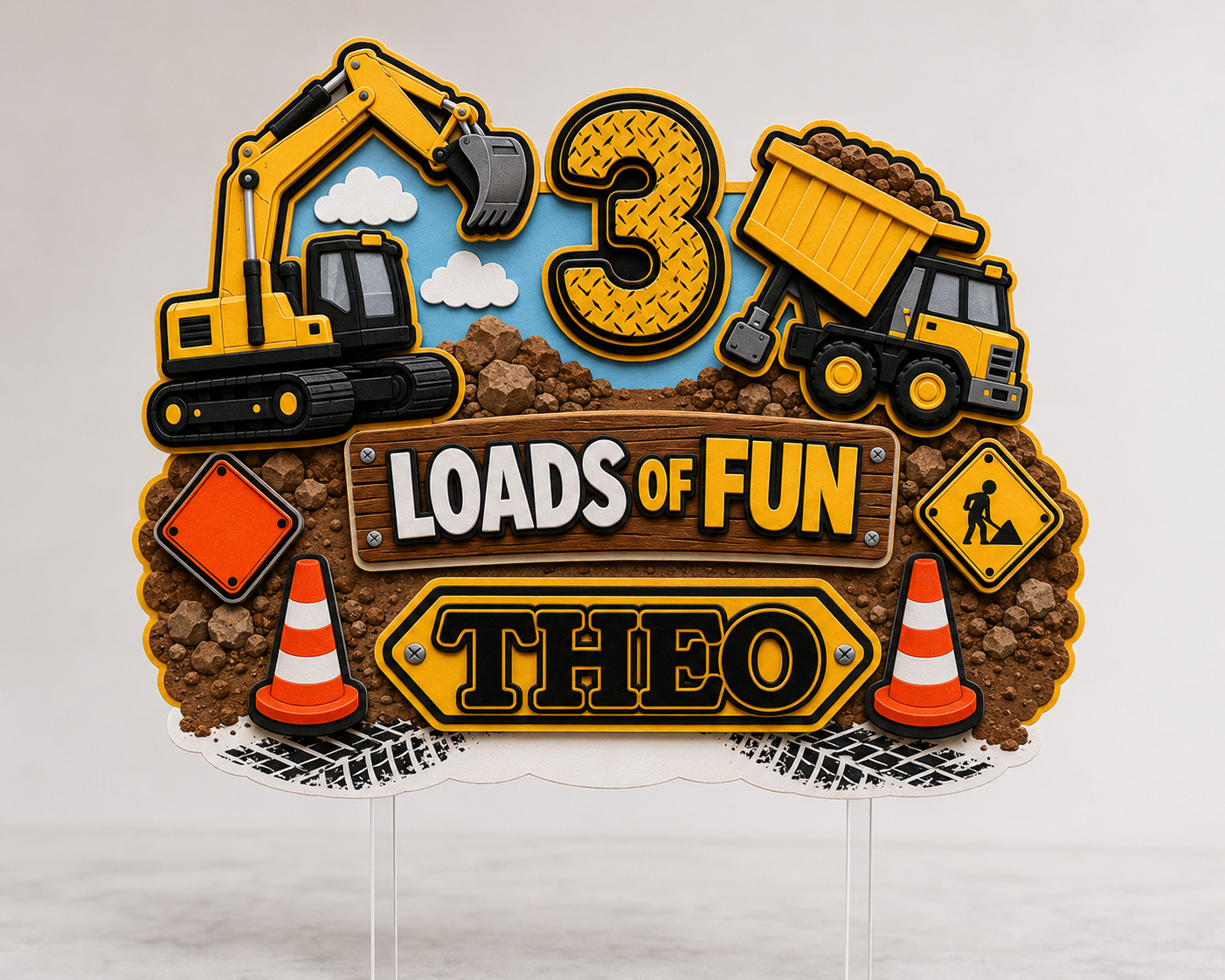 Personalised Construction Cake Topper 3rd Birthday | Digger & Dump Truck Birthday | 3 Loads of Fun | 3D Layered or Flat Printed