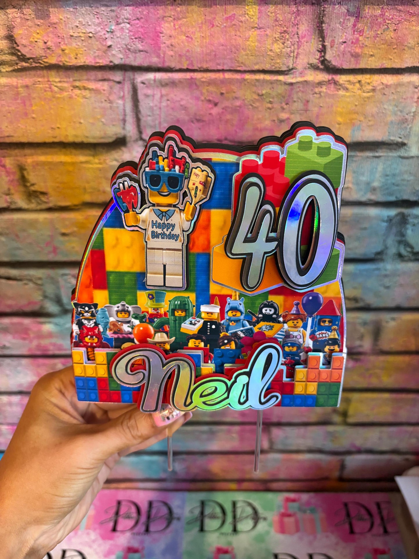 Building Blocks Cake Topper – Brick Theme Birthday Cake Decoration – Personalised Name & Age