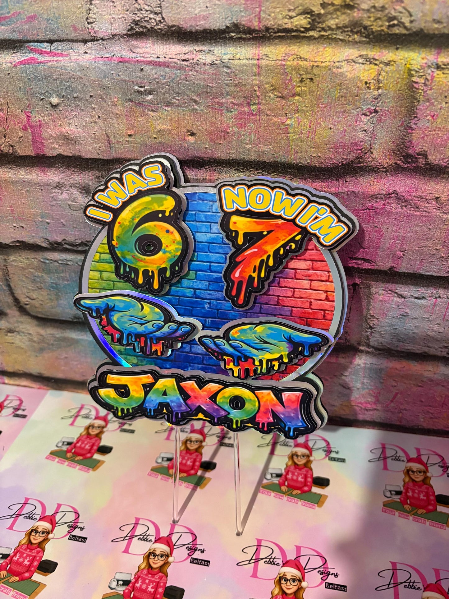 I Was 6 Now I’m 7 Cake Topper – Personalised Graffiti 7th Birthday Decoration