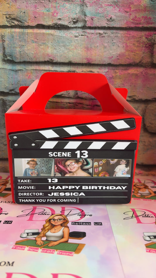 Personalised Movie Night Party Boxes – Film Clapperboard Birthday Favour Boxes – Custom Name & Photos Party Treat Boxes