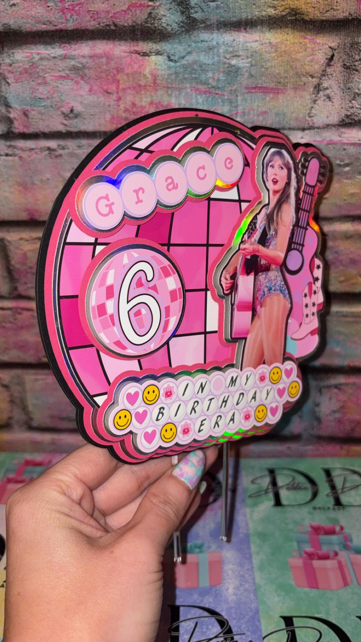 Pink Pop Star Cake Topper – Pop Concert Birthday Cake Decoration – Personalised Name & Age