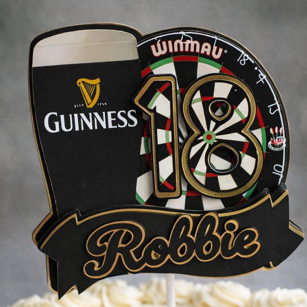 Darts & Irish Stout Cake Topper – Pub Theme Birthday Cake Decoration – Personalised Name & Age
