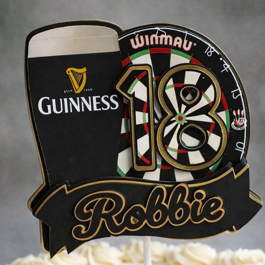 Darts & Irish Stout Cake Topper – Pub Theme Birthday Cake Decoration – Personalised Name & Age