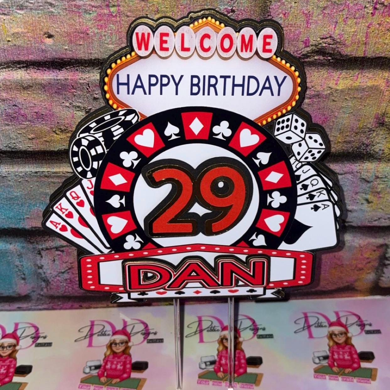 Vegas Casino Cake Topper – Personalised Las Vegas Birthday Cake Decoration – Poker Cards Dice Slot Machine Theme