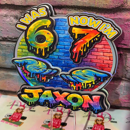 I Was 6 Now I’m 7 Cake Topper – Personalised Graffiti 7th Birthday Decoration