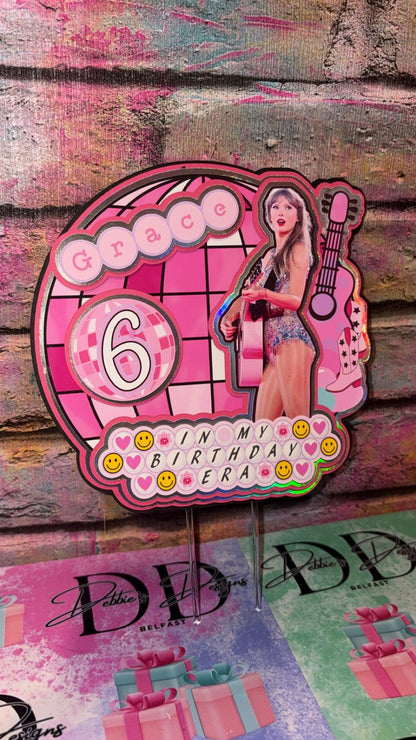 Pink Pop Star Cake Topper – Pop Concert Birthday Cake Decoration – Personalised Name & Age