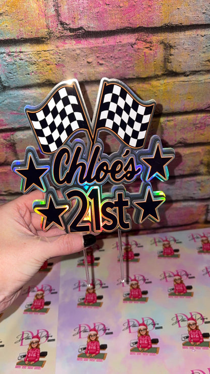 Personalised Racing Cake Topper – Race Car Birthday Cake Decoration – Name Age & Checkered Flags