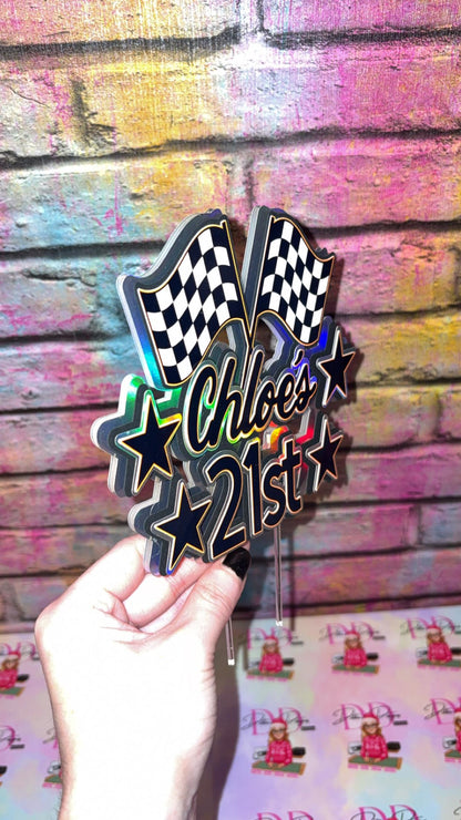 Personalised Racing Cake Topper – Race Car Birthday Cake Decoration – Name Age & Checkered Flags