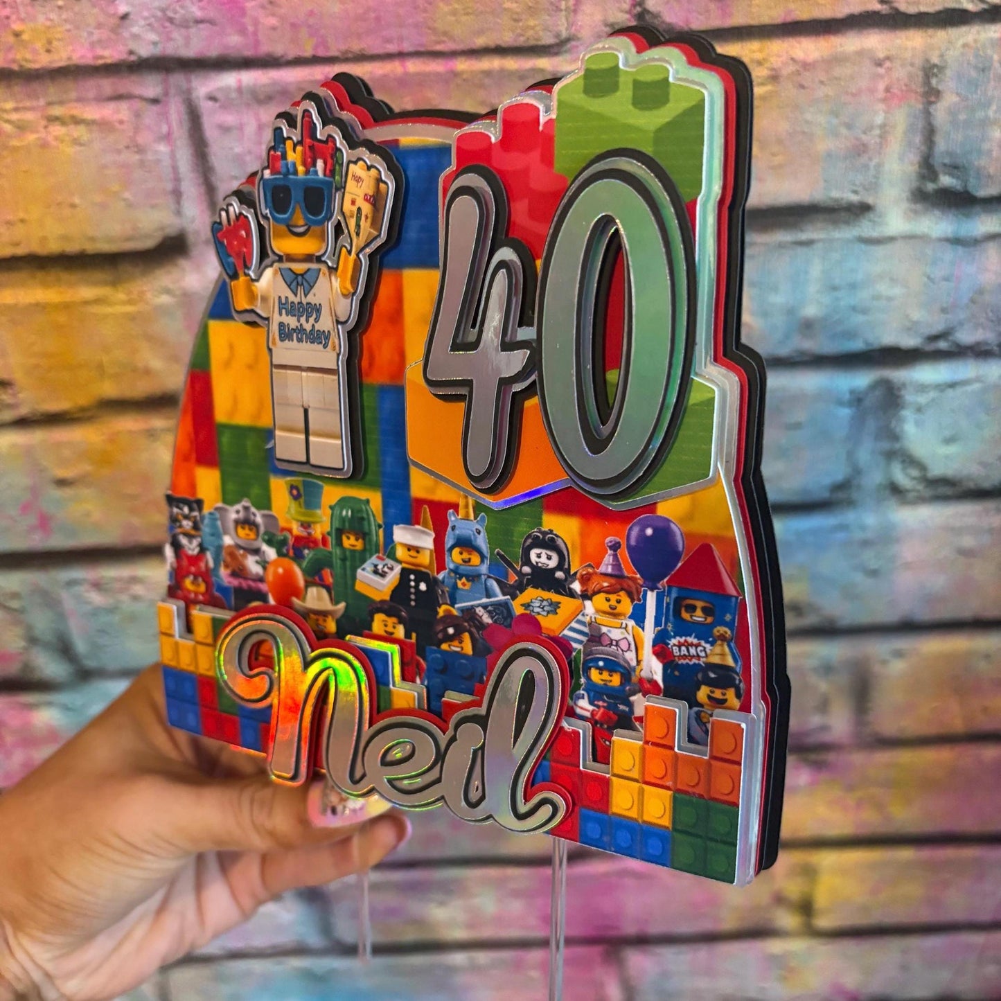 Building Blocks Cake Topper – Brick Theme Birthday Cake Decoration – Personalised Name & Age