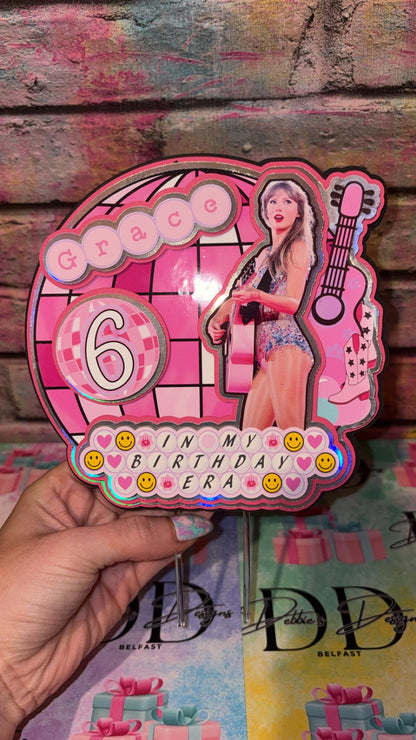 Pink Pop Star Cake Topper – Pop Concert Birthday Cake Decoration – Personalised Name & Age