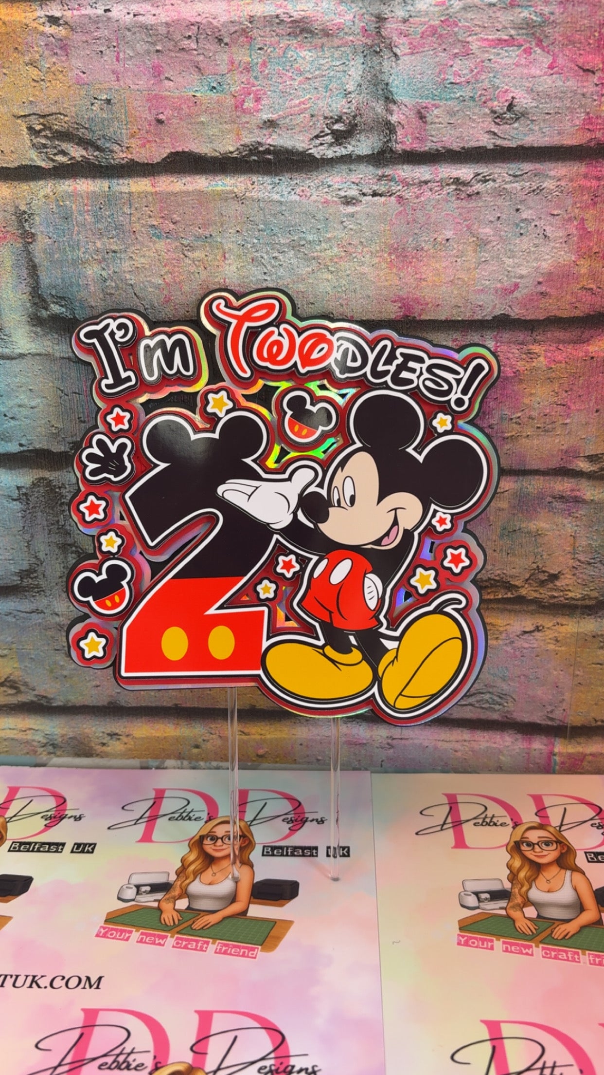 Mouse Inspired 2nd Birthday Cake Topper – Custom Name & Age – Red Black Theme Party Decoration – Two Toddlers Cake Topper