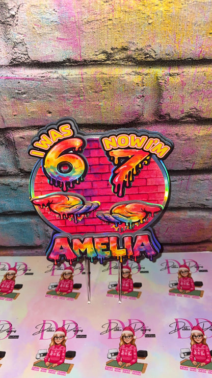 I Was 6 Now I’m 7 Cake Topper – Personalised Graffiti 7th Birthday Decoration