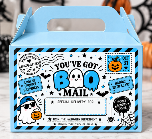 a blue box with a white and blue design